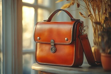Elegant Leather Handbag on Vintage Wooden Table with Natural Light