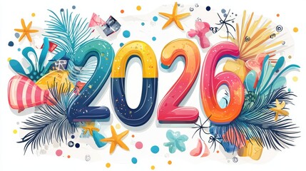 Obraz premium Colorful Vector Illustration of Flat Design Style Elements Celebrating the Year 2026 with Tropical Decor