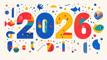 Fototapeta premium Colorful Flat Vector Illustration of 2026 with Abstract Shapes and Vibrant Elements in a Fun Design Style