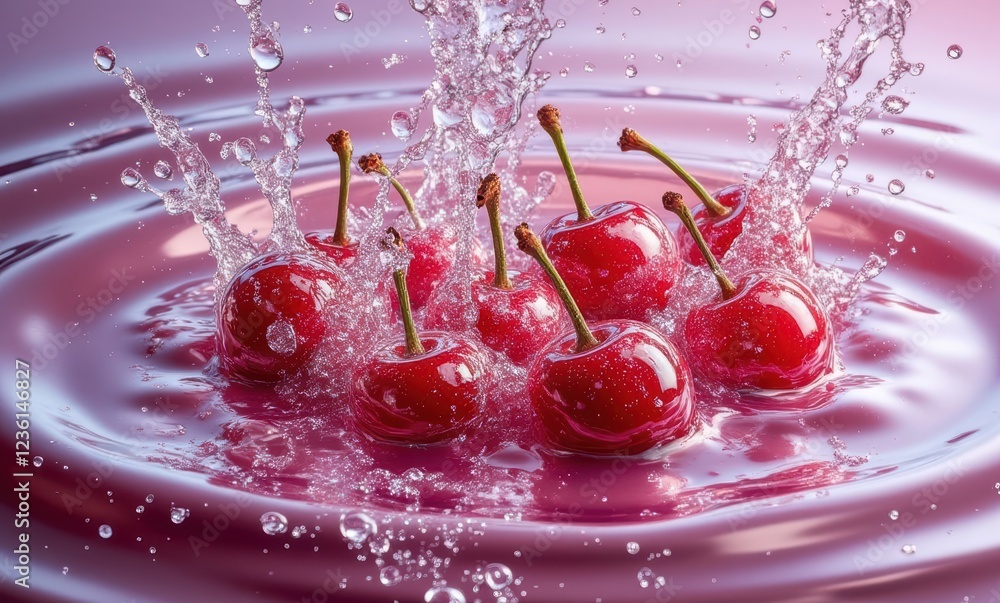 Sticker Fresh cherries splashing in water