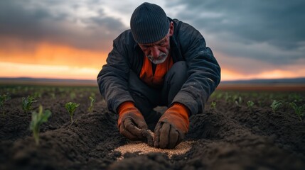 A farmer sowing seeds in a vast agricultural fieldphotorealistic portrait,