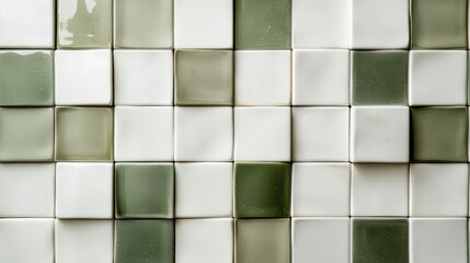 Abstract geometric tiles in white and green with varied reflections
