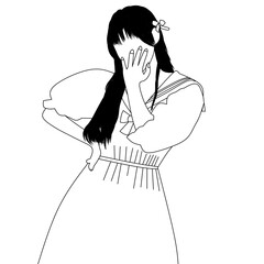 Minimalist Illustration of Woman Covering Face in Thoughtful Pose.