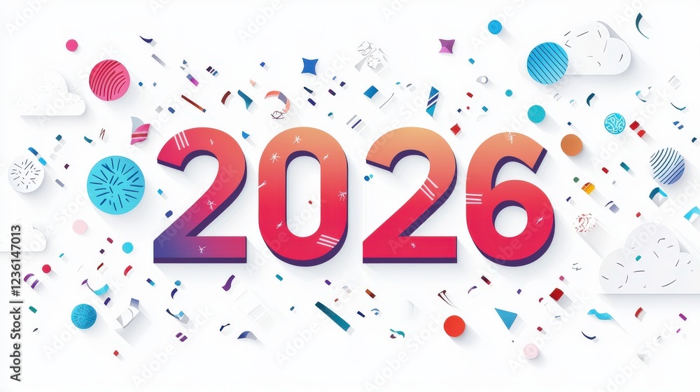 Poster colorful flat design vector illustration featuring the year 2026 with abstract elements and playful 