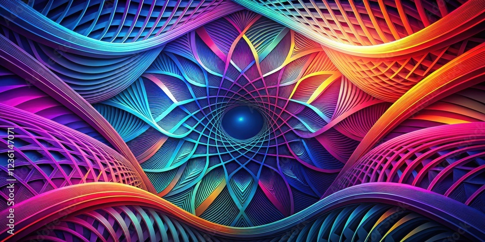 Poster Abstract Pattern of Intertwined Curved Lines in Vibrant Hues and Geometric Shapes