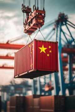 Cargo container with Chinese flag being lifted in shipping port, representing global trade, logistics, import-export operations, and maritime freight transport.