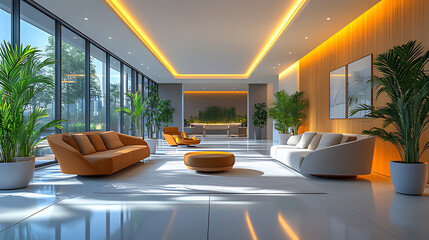Modern lobby lounge sunlight city view relaxation design