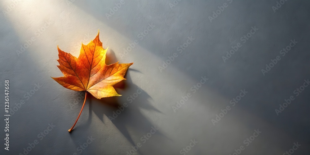 Poster a single autumn leaf casts a shadow on a gray surface, illuminated by a beam of sunlight