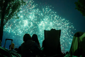 화려하게 터지는 녹색 폭죽을 바라보는 단란한 가족