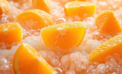 Fresh orange slices amidst bubbles
