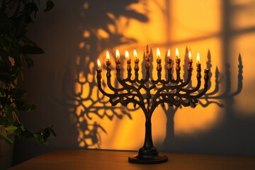 Fototapeta premium Shadowed menorah casting warm light during holiday celebration.