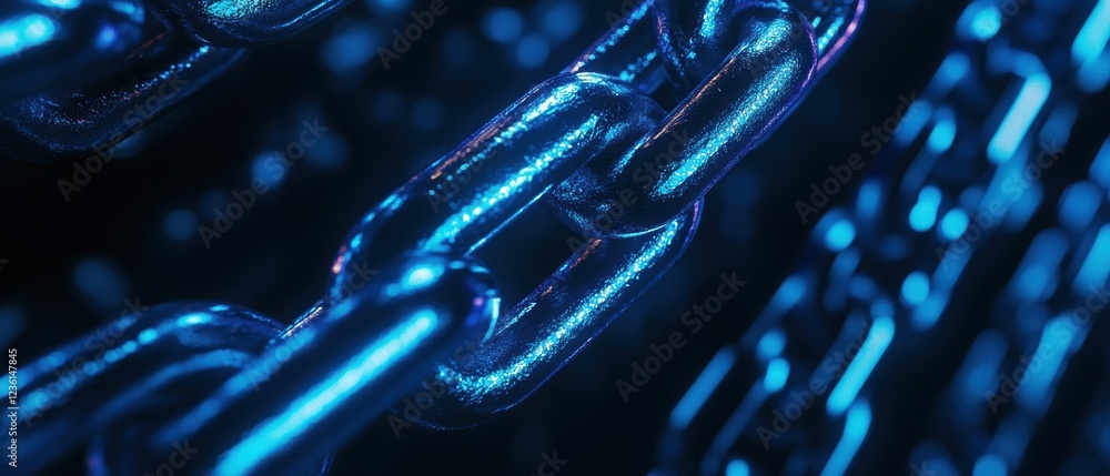 Poster chains, technology and digital network connections with blue lighting. focus on security, blockchain