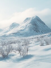 Obraz premium Snowy mountain peak with fog, evergreens in front of the mountain