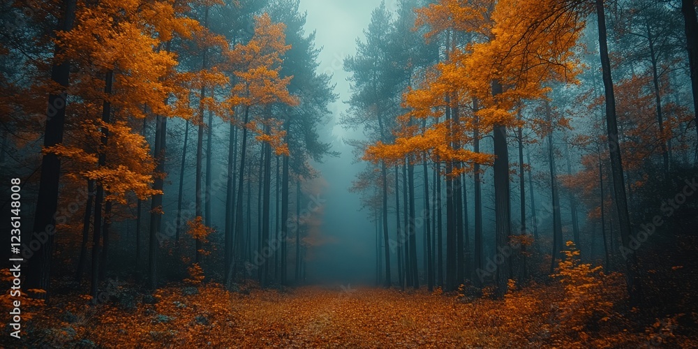 Poster enchanting fall foliage blankets the forest floor with ethereal fog rolling through towering trees i