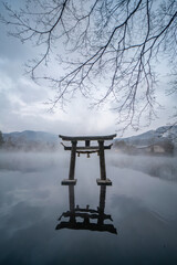 새벽에 안개가 낀 일본 호수의 토리