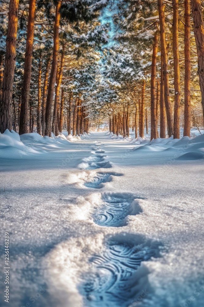 Aufkleber a tranquil winter scene with a path through the snow, lined with coniferous trees.