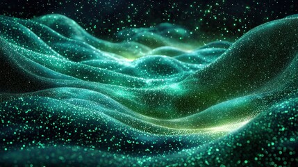 Abstract glowing green particle waves background for digital art or design projects