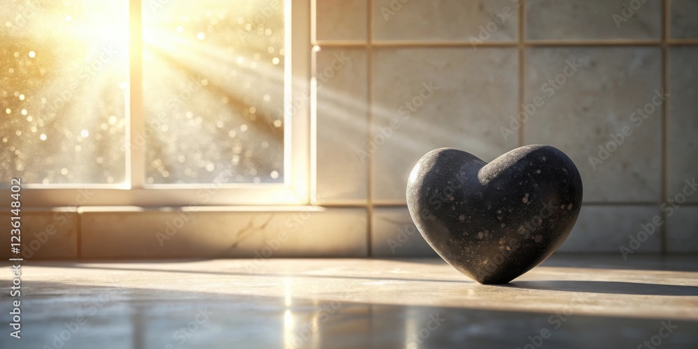 Poster a stone heart shaped object sits on a counter top bathed in warm sunlight streaming through a window