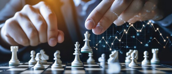 Chess game strategy and business decisions represented by a hand moving a piece, with digital graphs overlay for market analysis and competitive intelligence insights.