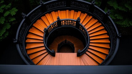 Fototapeta premium Spiral Staircase Descent: A mesmerizing view down a circular spiral staircase with rich orange wooden steps and a dark, ornate black iron railing. The image evokes a sense of mystery and elegance.
