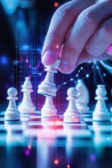 Chess strategy session with hand moving white pawn, digital analytics backdrop illustrating competition, decision-making, and strategic planning concepts.