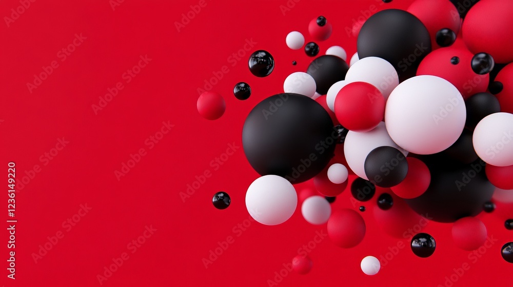 Poster Floating Spheres Abstract: A mesmerizing abstract composition featuring an array of floating spheres in contrasting black, white, and red against a bold red background.