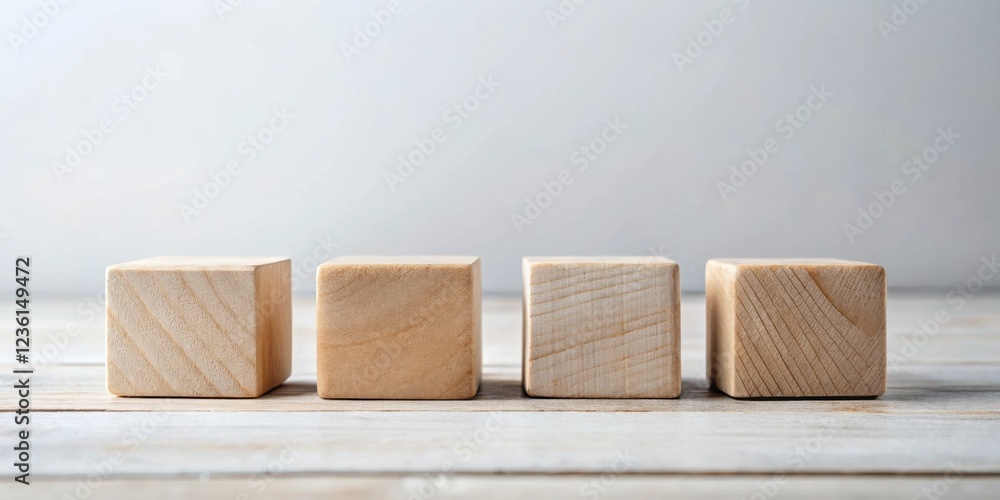 Aufkleber four plain wooden blocks aligned in a row on a light wooden surface