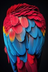 Feathers of a vibrant, colorful macaw parrot against a neutral background.