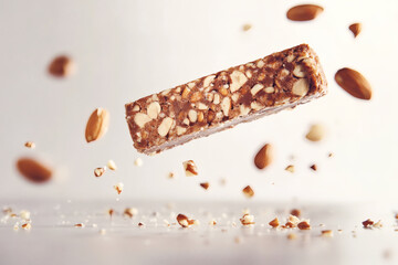 A protein bar suspended mid-air with floating crumbs and nuts, glossy and textured with hints of chocolate.