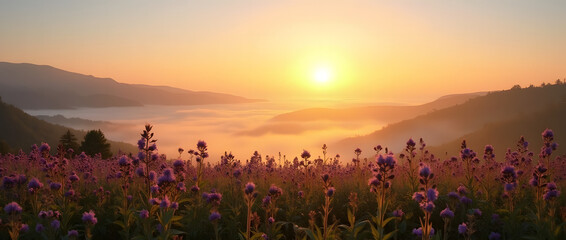 Morning Bliss: A Stunning View of Sunlit Hills and Dreamy Mist Embracing a Field of Lush Purple Wildflowers