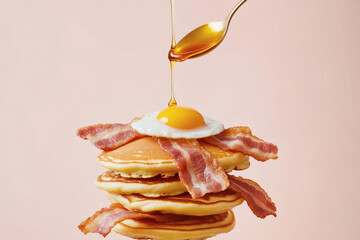 Fluffy pancakes with syrup dripping, crispy bacon, and a fried egg with a vibrant yolk, set against a pale pink background with diffused light.