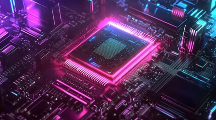 Obraz premium Vibrant close-up of a futuristic microchip with neon lights