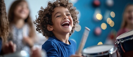 Child playing drums in music class surrounded by peers, enjoying rhythm and creativity. Fun learning experience for kids fostering interest in music education.