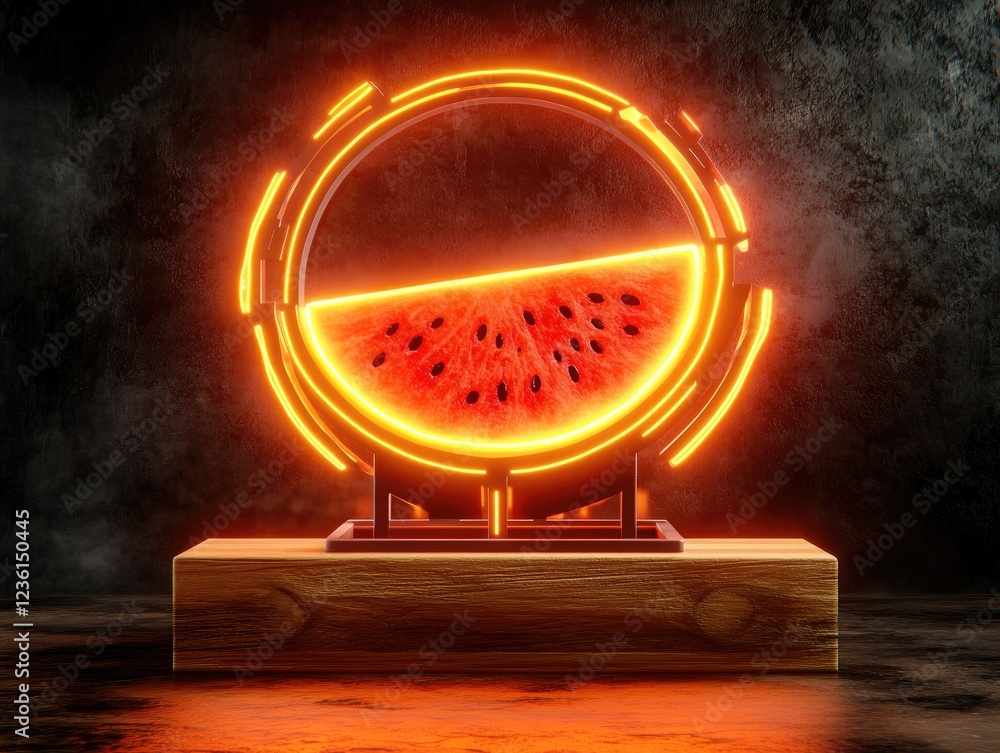 Poster glowing watermelon slice displayed on a wooden base with a dark textured background