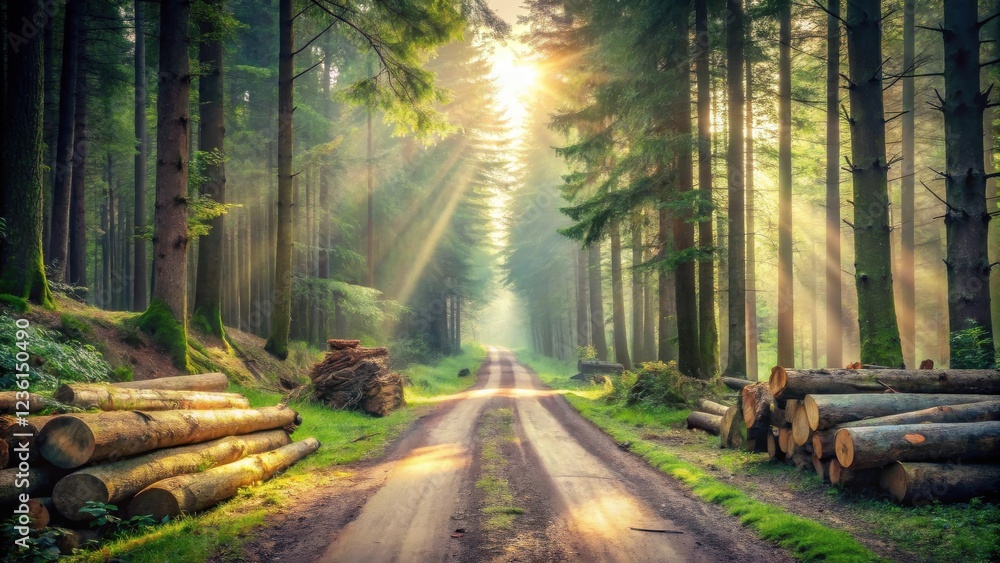 Poster A sunlit path through a dense forest, dappled with sunlight and mist, leading to a mysterious destination. The path is flanked by tall trees and logs, creating a sense of serenity and wilderness.