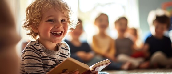 Child reading a book with joyful expression during storytime session in classroom, promoting literacy and engagement among young children. Learning environment and teamwork.