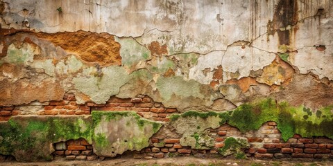 Obraz premium A weathered wall with peeling plaster and a layer of moss growing over the exposed brick