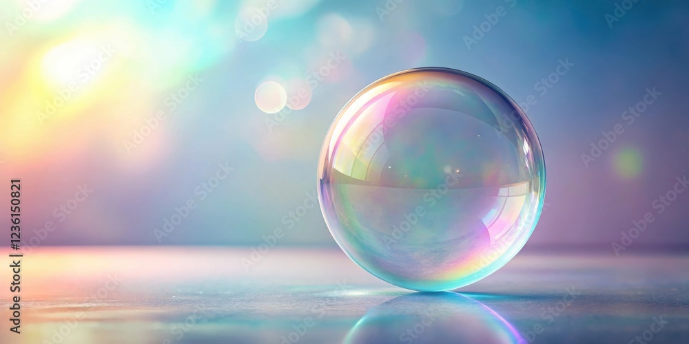 Poster A translucent iridescent sphere rests on a smooth surface, reflecting the soft glow of an ethereal background.