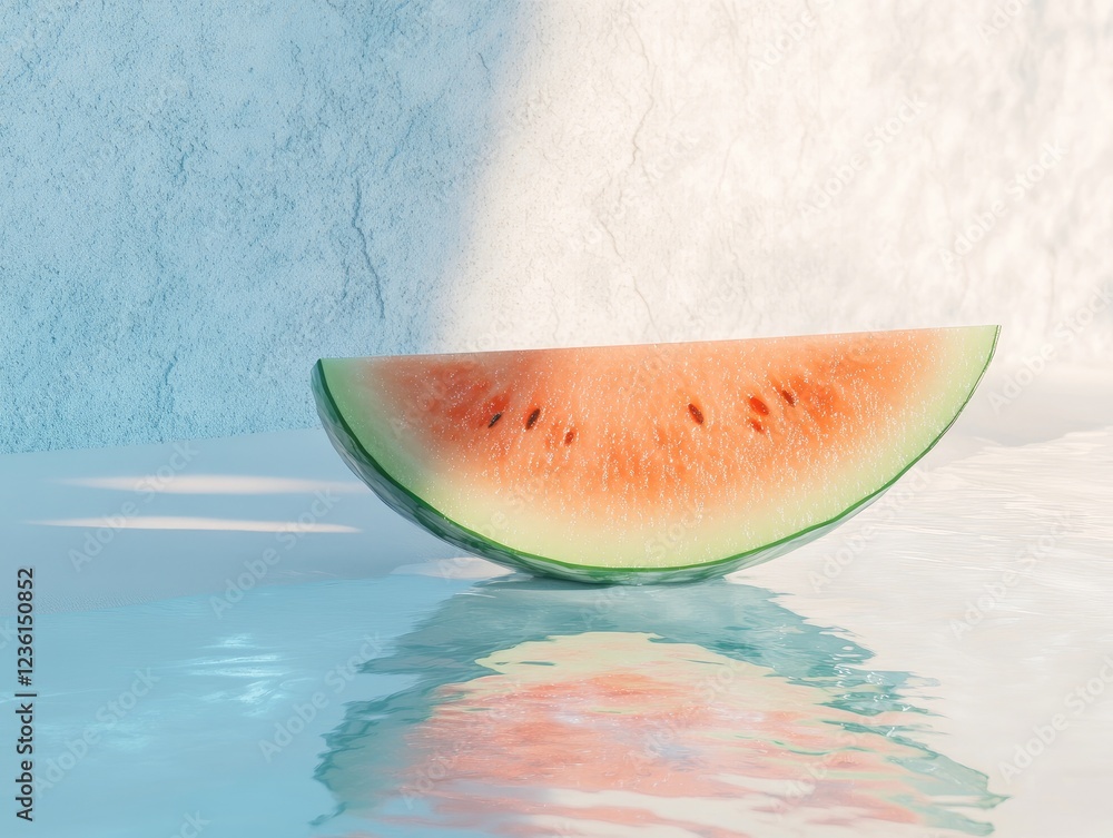 Poster fresh watermelon slice resting on a reflective surface with soft lighting and textured background