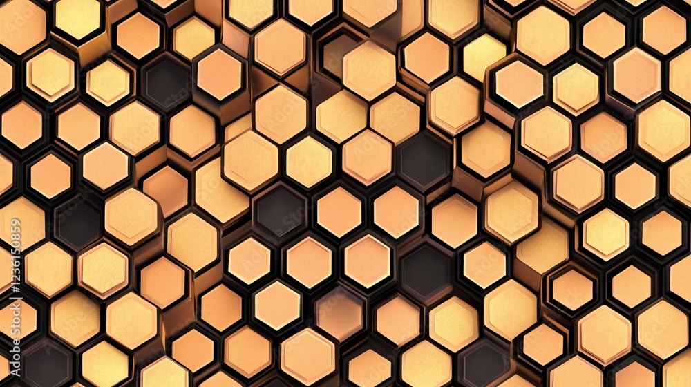 Poster a striking 3d rendering of interconnected golden and black hexagons creates depth and visual interes
