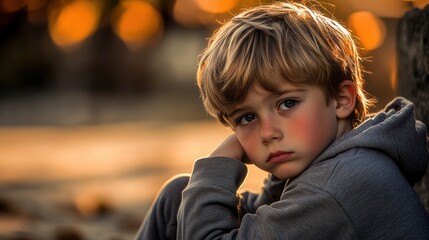 Child, sitting alone outdoors with a reflective expression, surrounded by autumn leaves, capturing emotions of solitude and contemplation in golden hour lighting.
