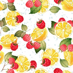 Seamless pattern with illustration of lemons and raspberry. Fruit background