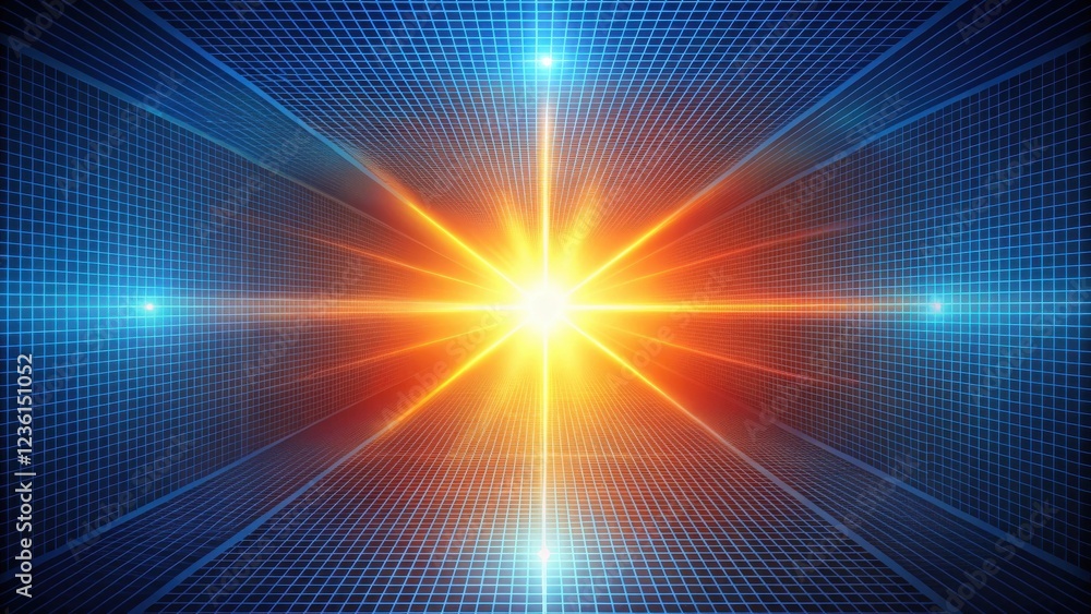 Poster a futuristic perspective of a grid-like tunnel leading towards a bright, orange light source, repres