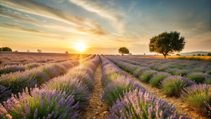 Lavender field at sunset with golden sunlight, AI Generation