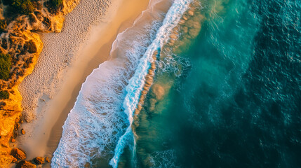 Top view of waves crashing on beach