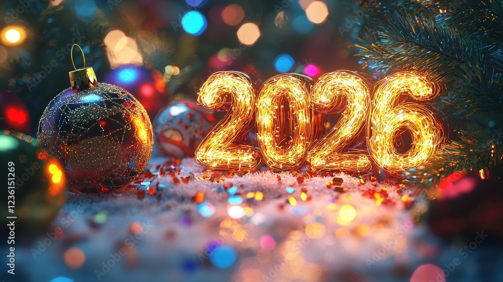 Poster glowing golden wire number 2026 decorative display with colorful ornaments and sparkling background