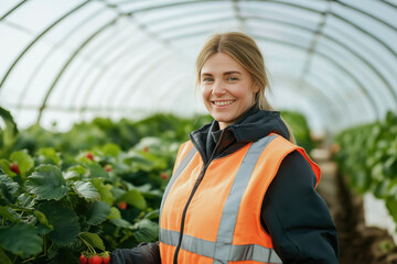 Smiling female agricultural worker wearing safety vest in a greenhouse filled with thriving strawberry plants