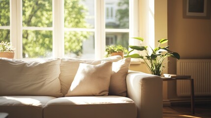 Fototapeta premium Sunlight Streams Through A Large Window, Illuminating A Comfy Beige Couch With Pillows. Plants Add A Touch Of Nature To The Serene Living Room.