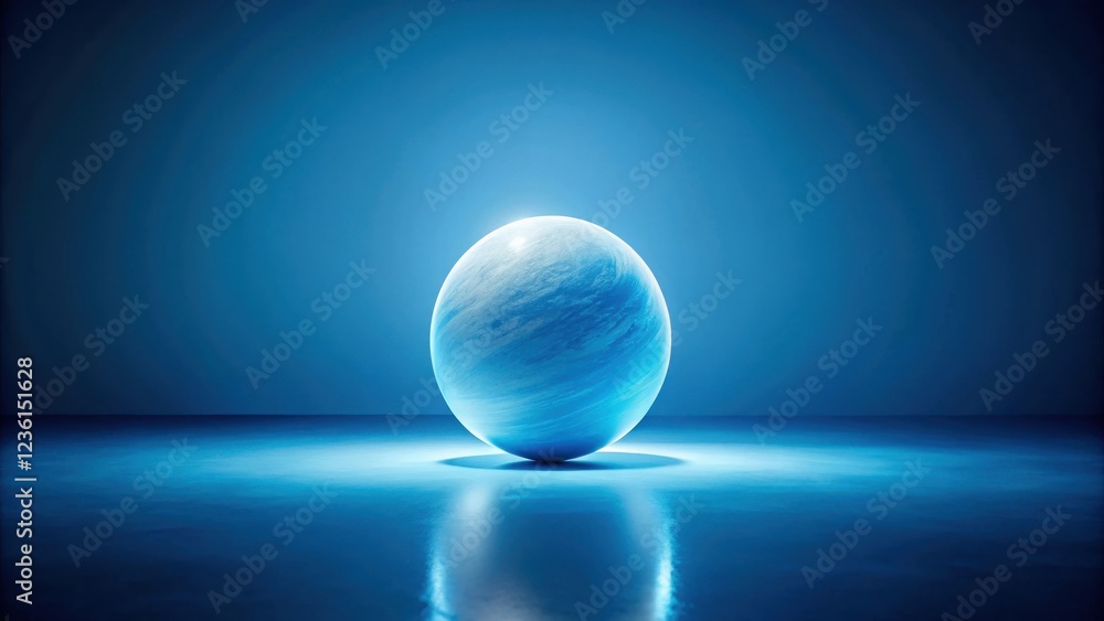 Poster a luminous blue sphere suspended in a tranquil blue space, illuminated by a soft, ethereal light.