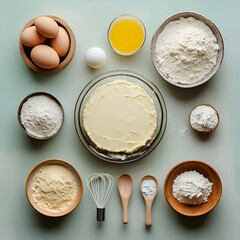 Baking Ingredients: An overhead view showcases a variety of meticulously arranged baking ingredients, inviting culinary creativity and the preparation of delicious treats.